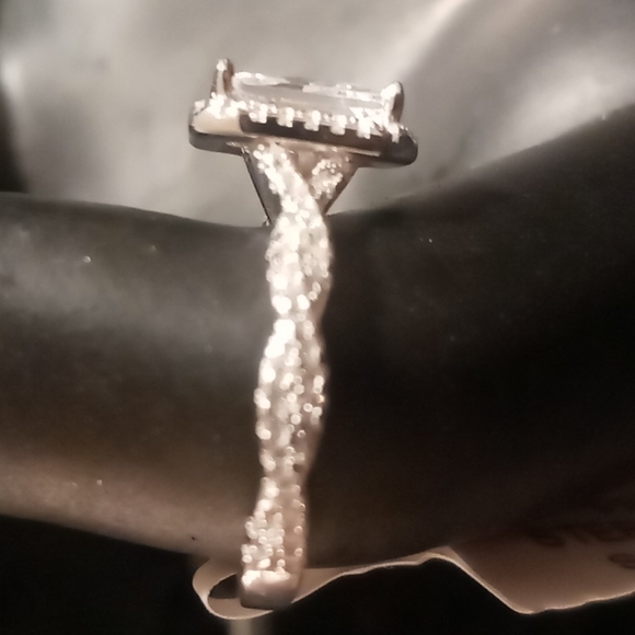 Princess cut simulated diamond engagement ring with pave diamond twisted band. - Picture 5 of 7